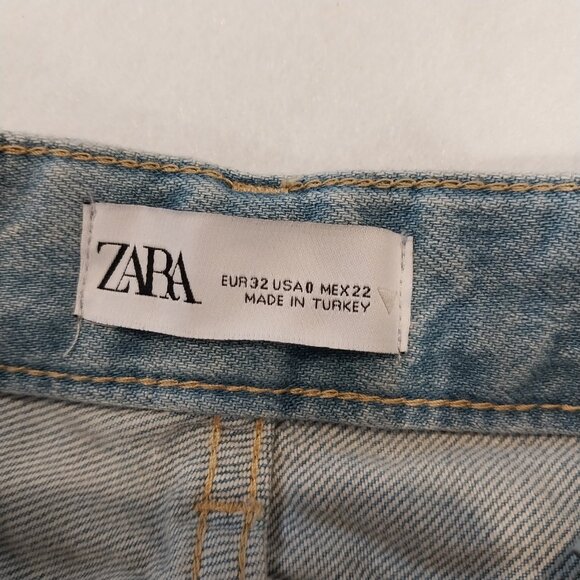 ZARA Jeans 00 Blue Faded Whiskers Wide Leg Tall High Waist 23 Cargo Teen - Picture 10 of 11